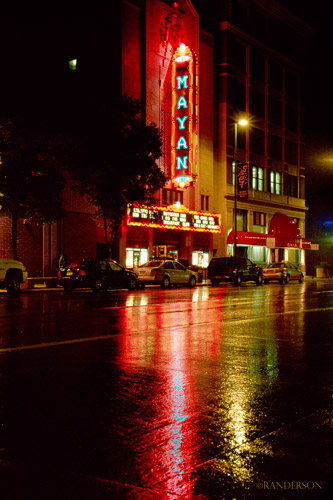 Mayan Theater, rainy night